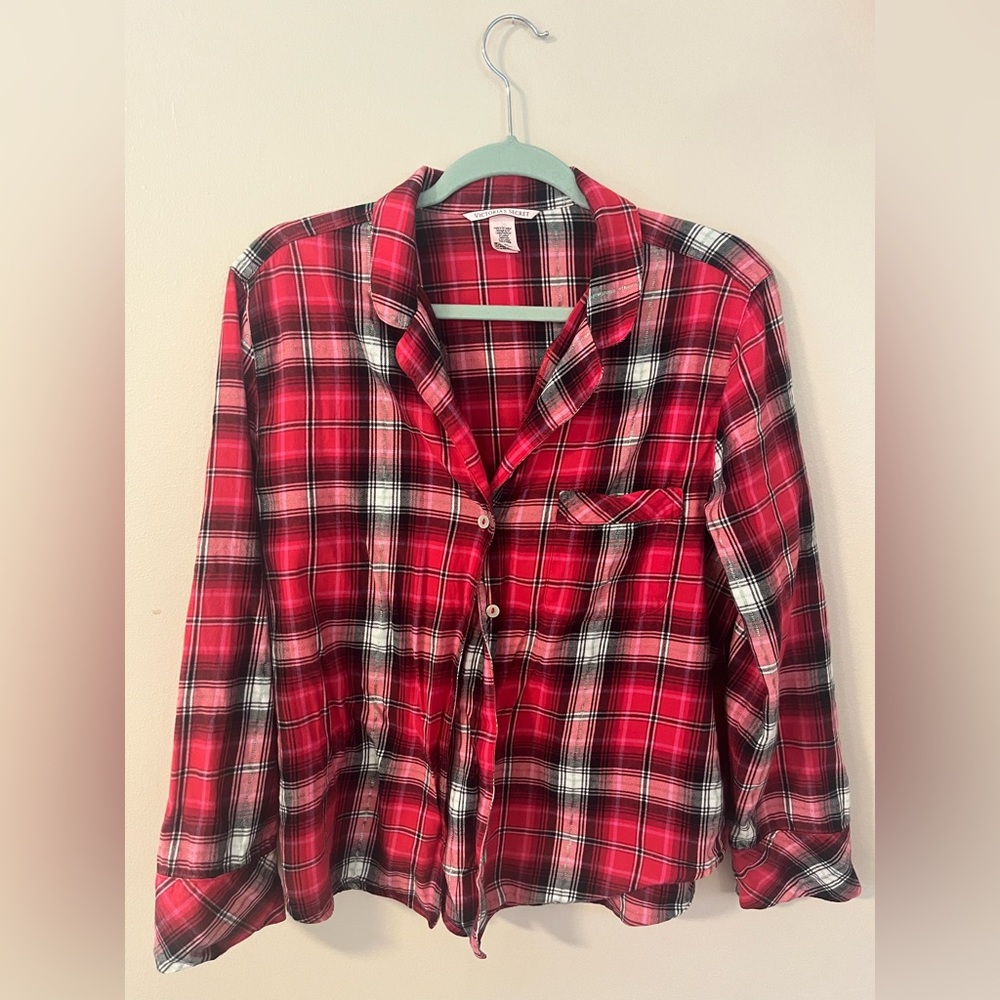 Victoria’s Secret Women’s Flannel Plaid Pajama Top Long Sleeve Button Up Size M